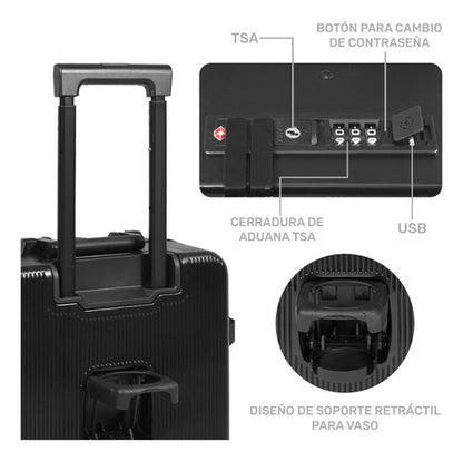 Maleta Cabina Porta Vasos 4 Ruedas Equipaje Doble Seguridad Color Negro Premium