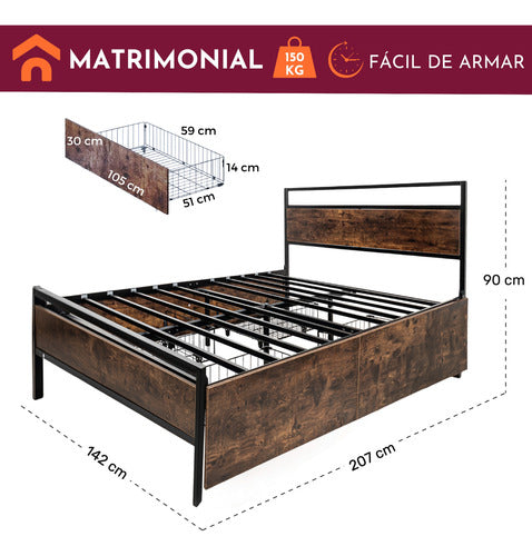 Base Cama Country Matrimonial Tipo Madera Cajones Metal