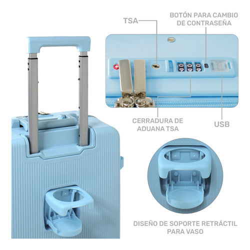 Maleta Cabina Porta Vasos 4 Ruedas Equipaje Doble Seguridad azul