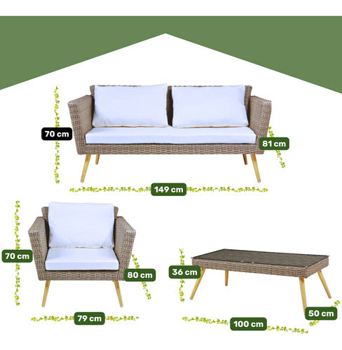 Sala Exterior 4pzs Tipo Rattan Patio Terraza Jardin Beige