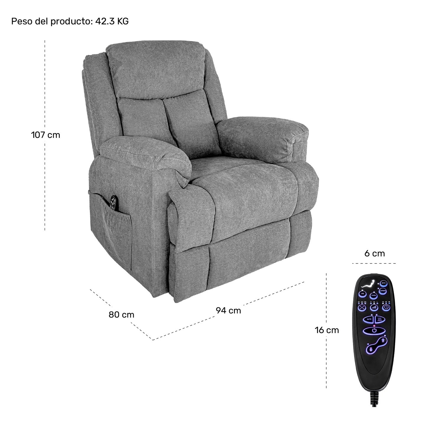 Sillon Sofa Electrico Masajeador Elevacion Temperatura Calor Color Gris