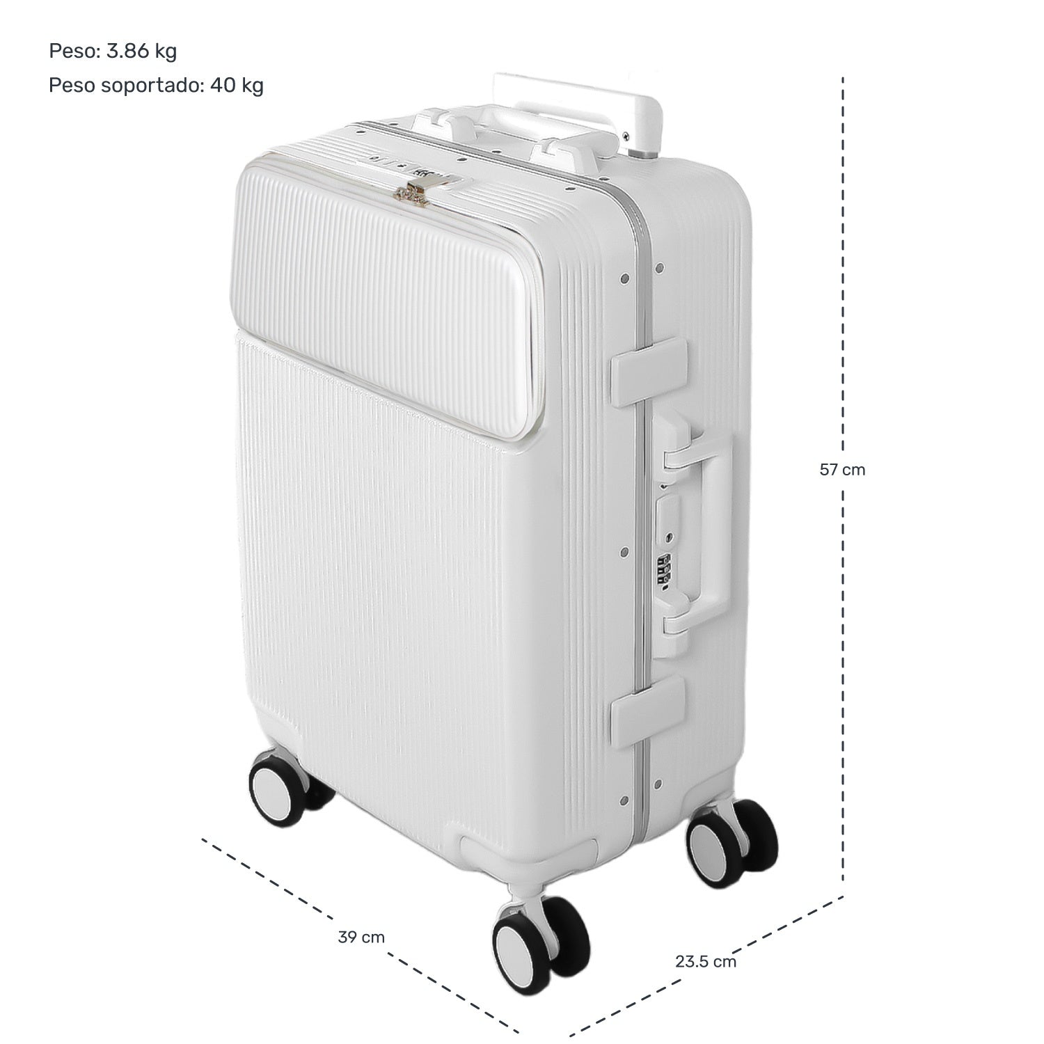 Maleta Cabina Porta Vasos 4 Ruedas Equipaje Doble Seguridad blanca