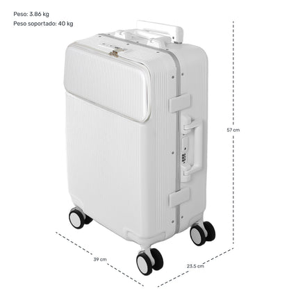 Maleta Cabina Porta Vasos 4 Ruedas Equipaje Doble Seguridad blanca