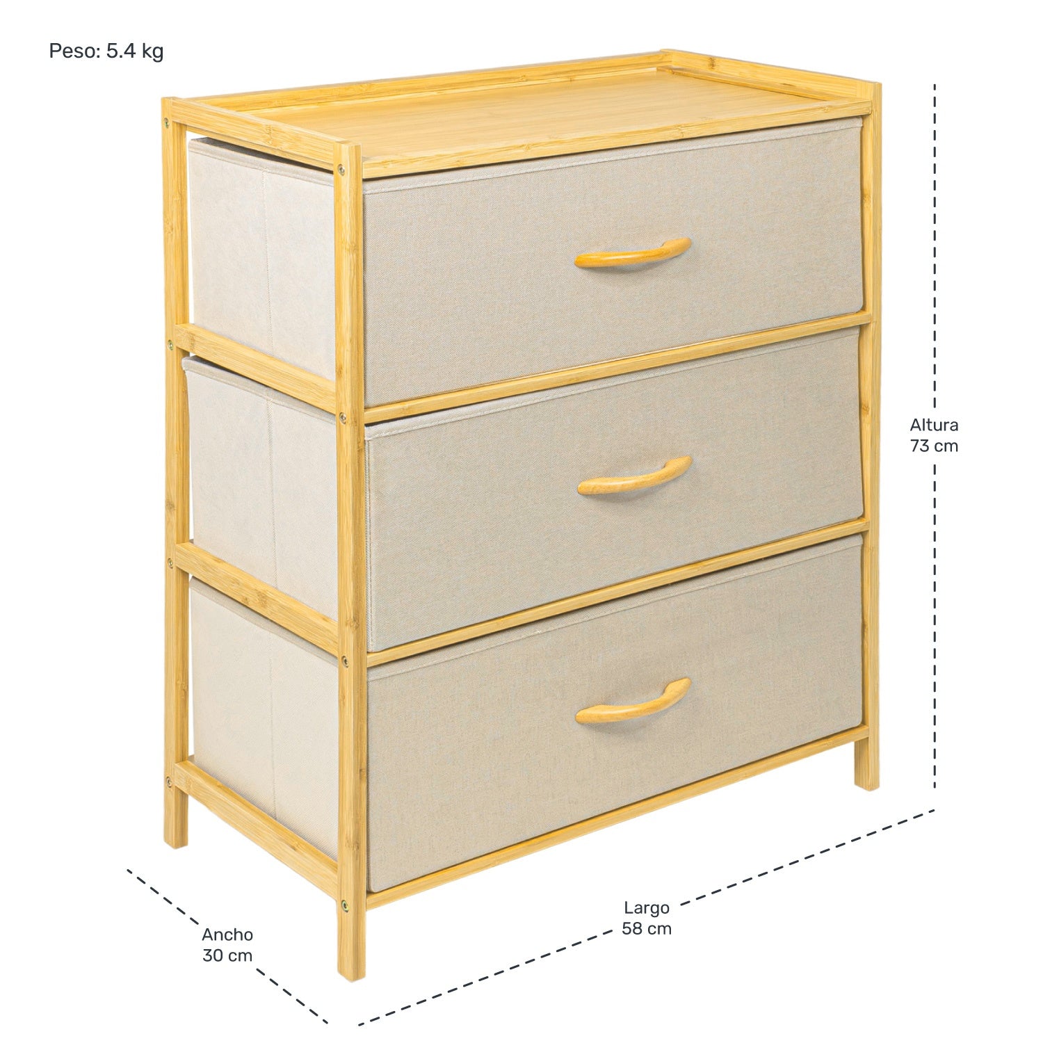 Comoda Mueble Bambu 3 Cajoneras Tela Organizador Hogar Color Blanco