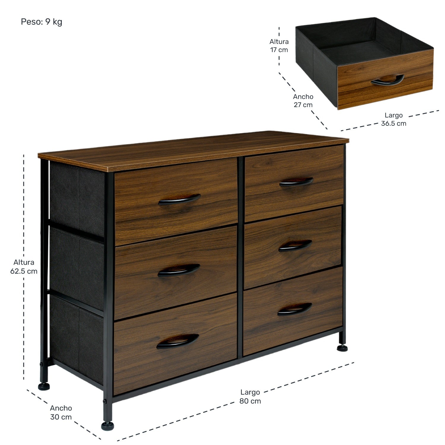 Comoda Cajonera Mueble 6 Cajones Metal Organizador Madera