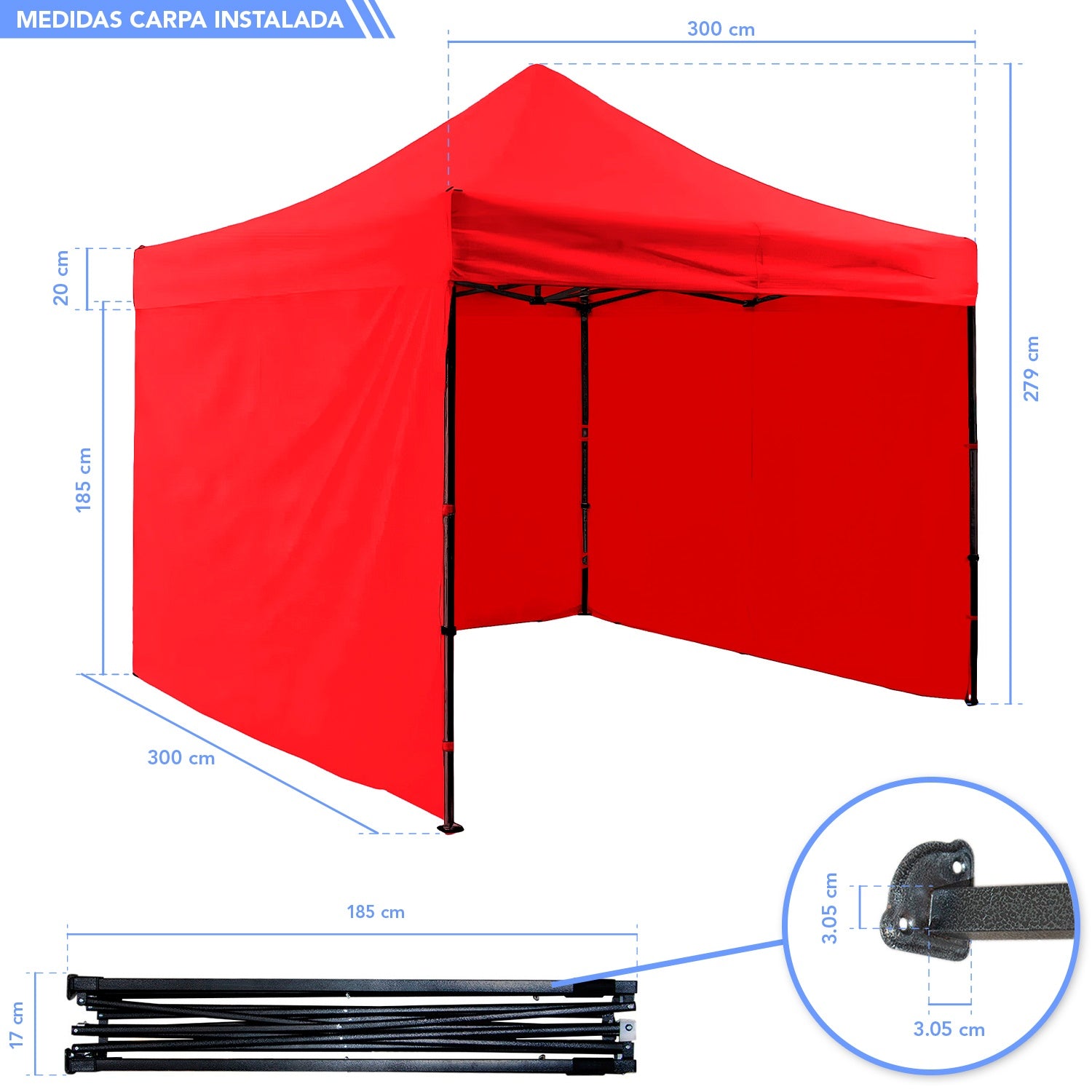 Carpa Paredes Roja Lona 3m X 3m Plegable Toldo Impermeable