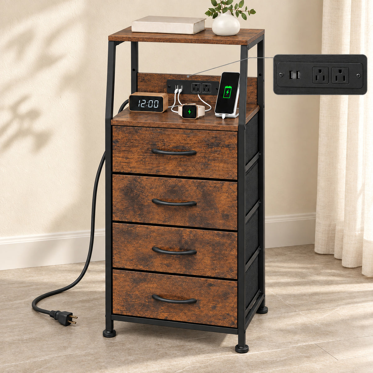 Buro Alto Mesa Noche 4 Cajones Organizador Enchufe Electrico Mate Country