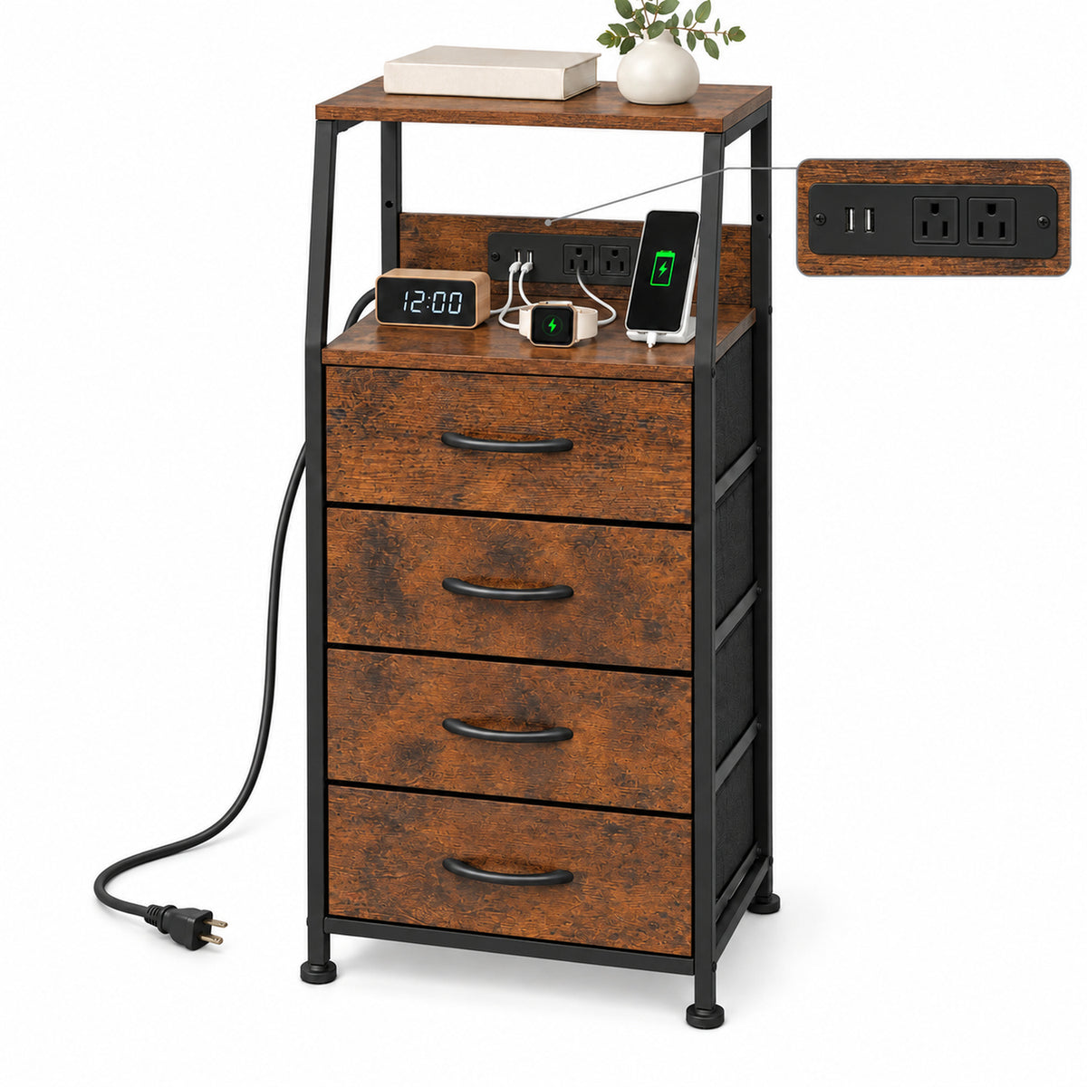 Buro Alto Mesa Noche 4 Cajones Organizador Enchufe Electrico Mate Country
