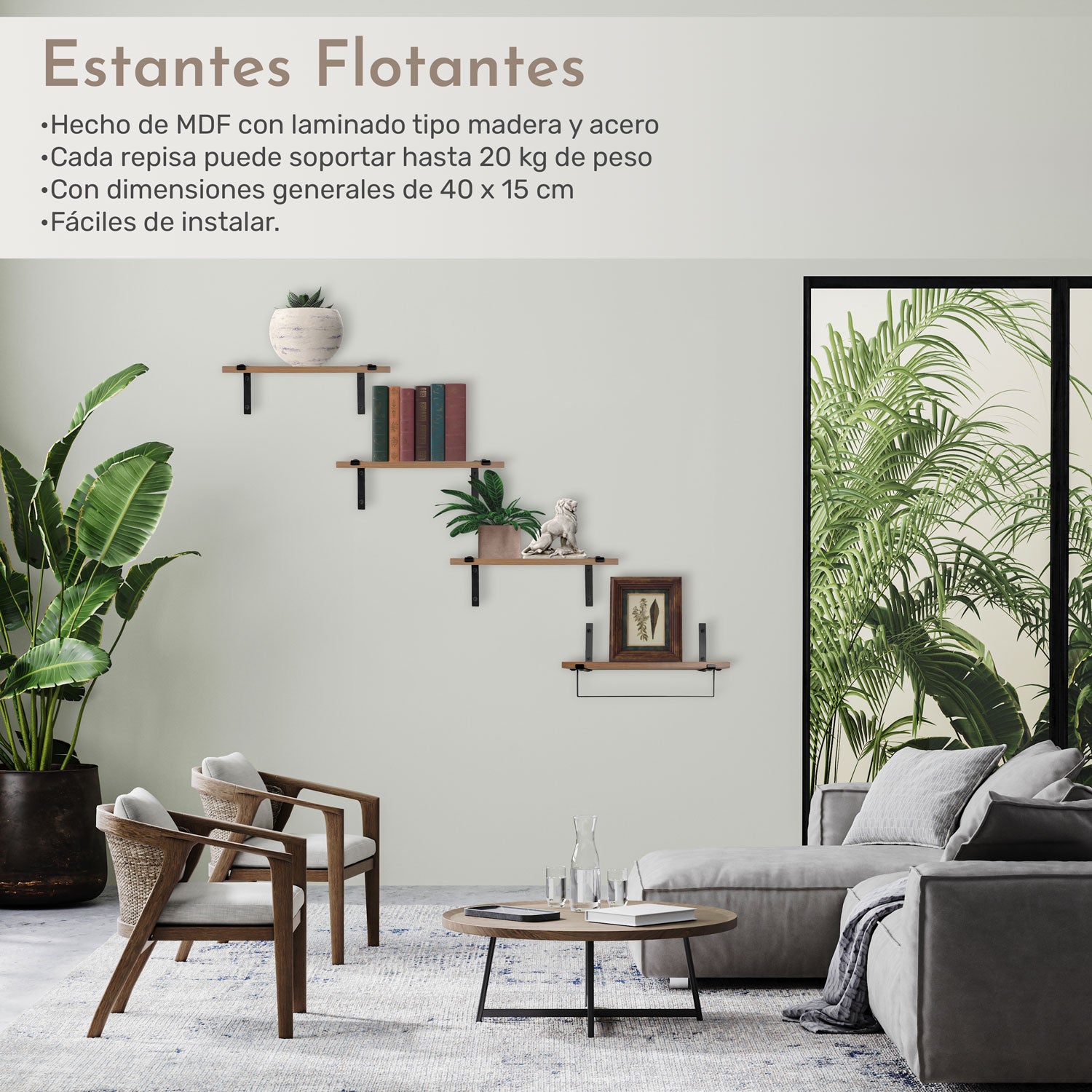 Set 4 Repisas Madera Estantes Flotantes Modernas 40x15 Cm